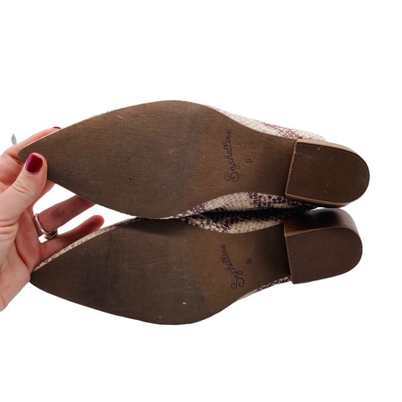 Anthro Seychelles Rendevous Leather Snake Print Block Heel Slip On Mules Size 9 - Picture 8 of 11